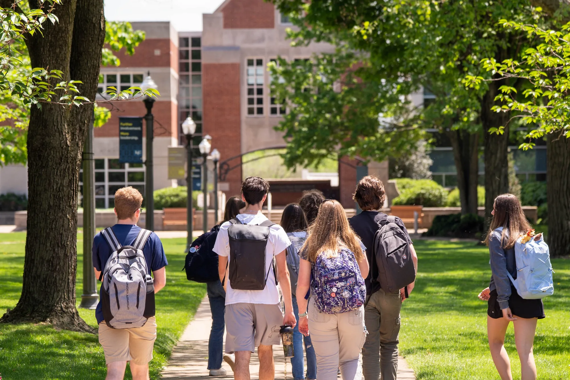 Students walk on LVC campus in spring