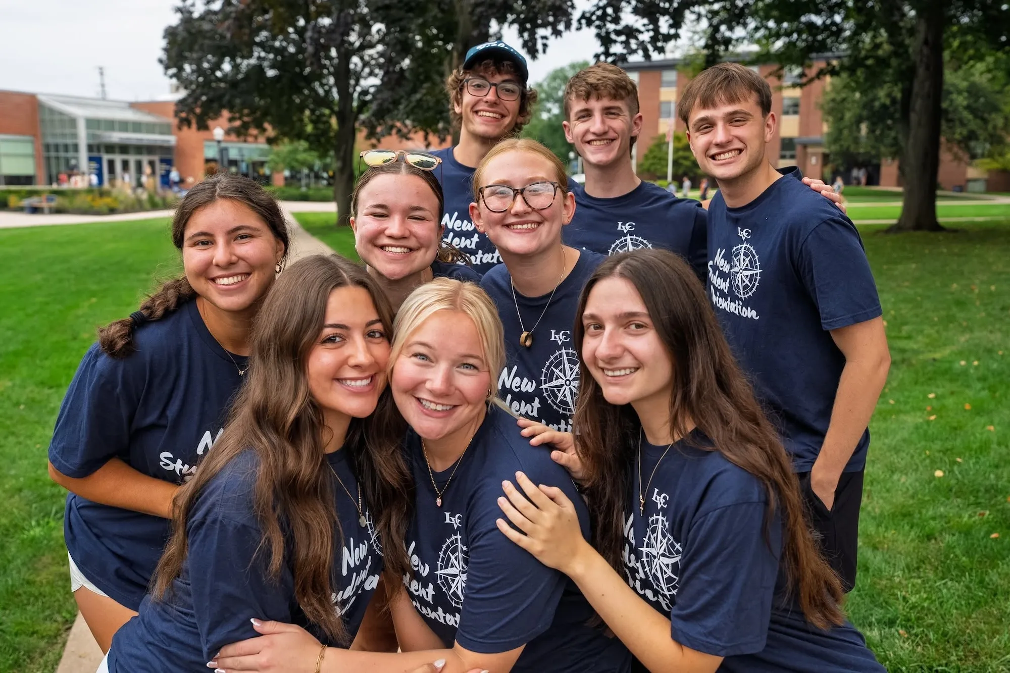 LVC student volunteers pose together on quad on move-in day