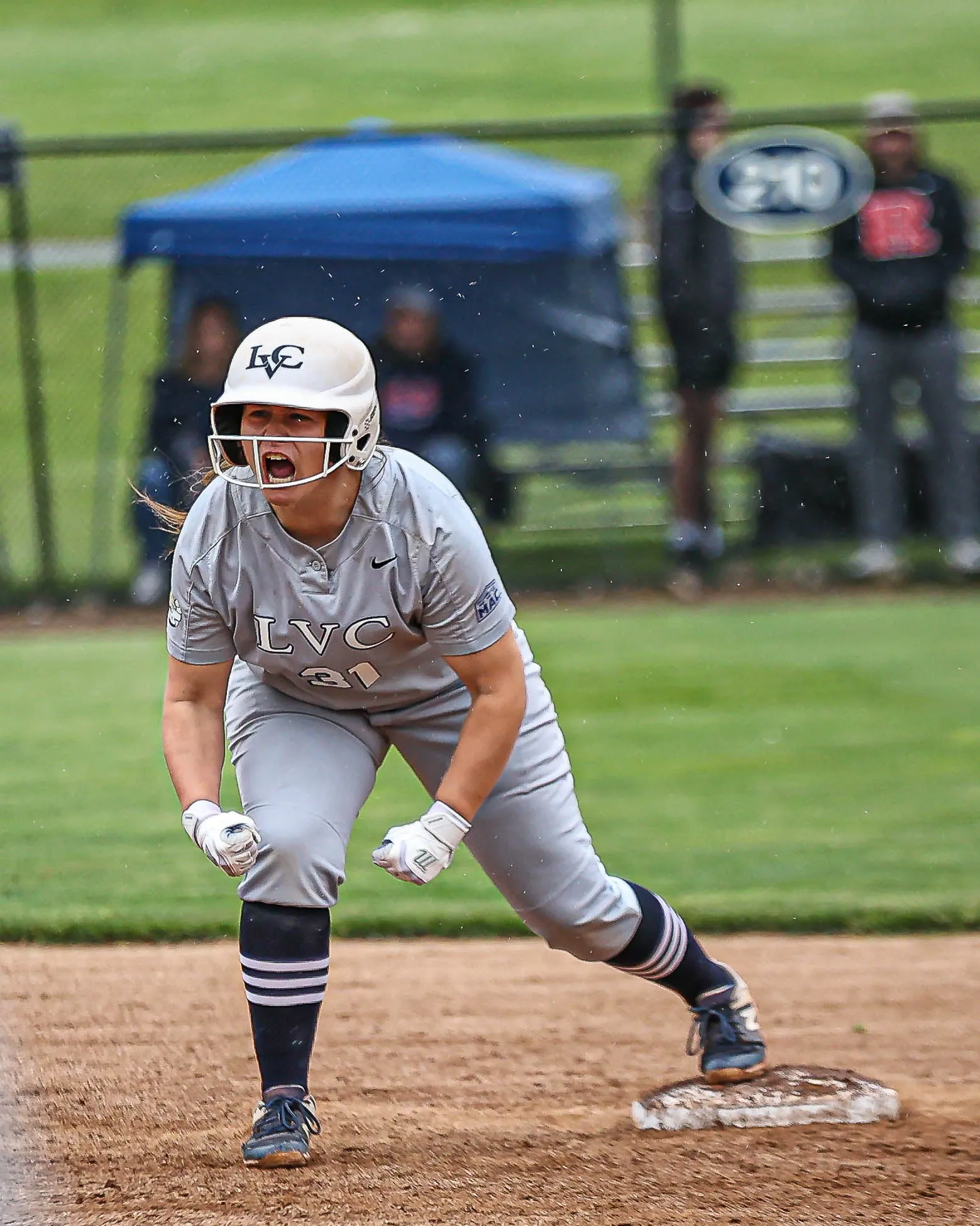 Nicole Kratz (31) gets pumped after lining a double down the left field line to start the bottom of the 7th inning.