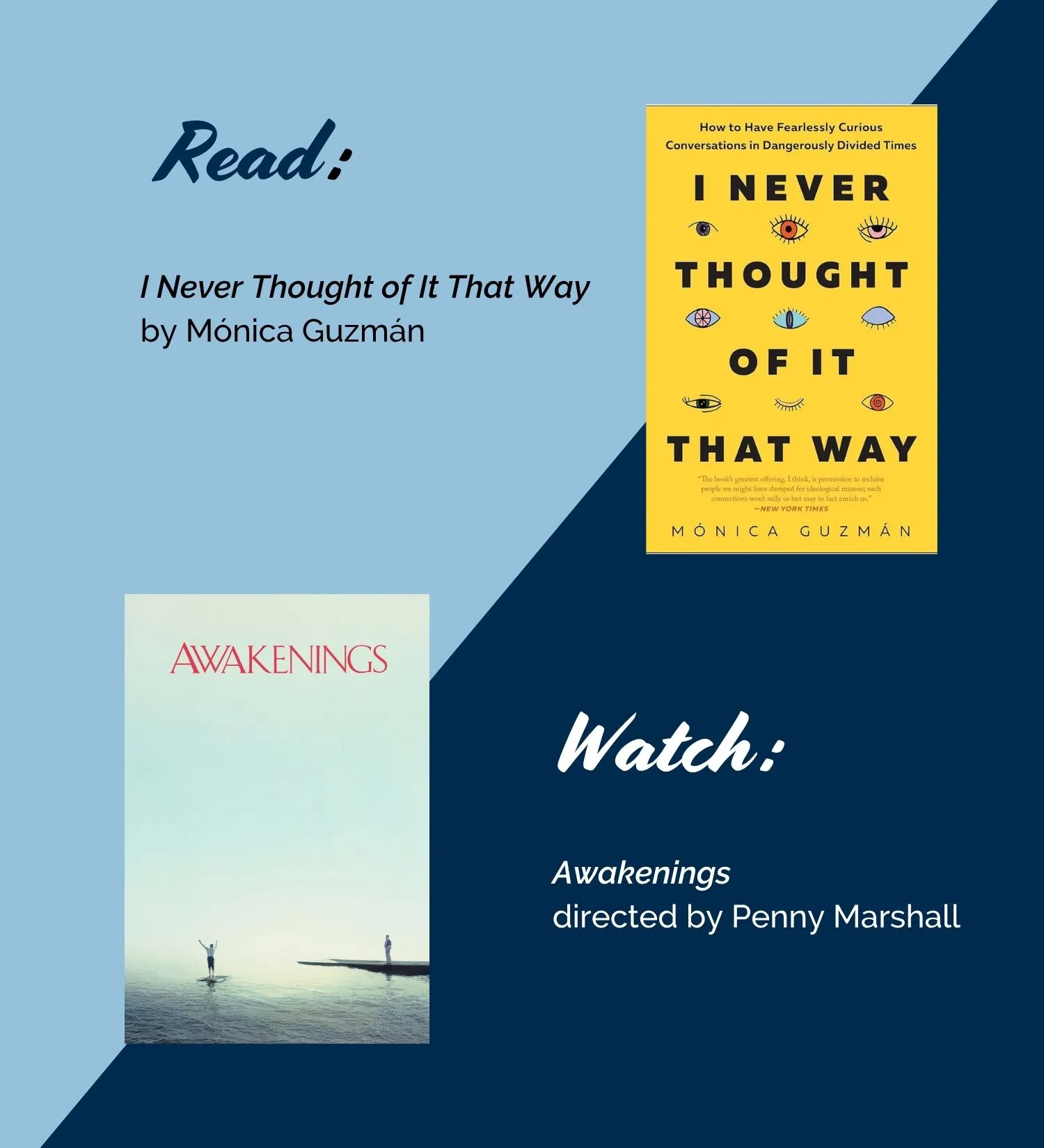 2026 FYE Common Connection book and movie selections: I Never Thought of it That Way by Monica Guzman and Awakenings movie