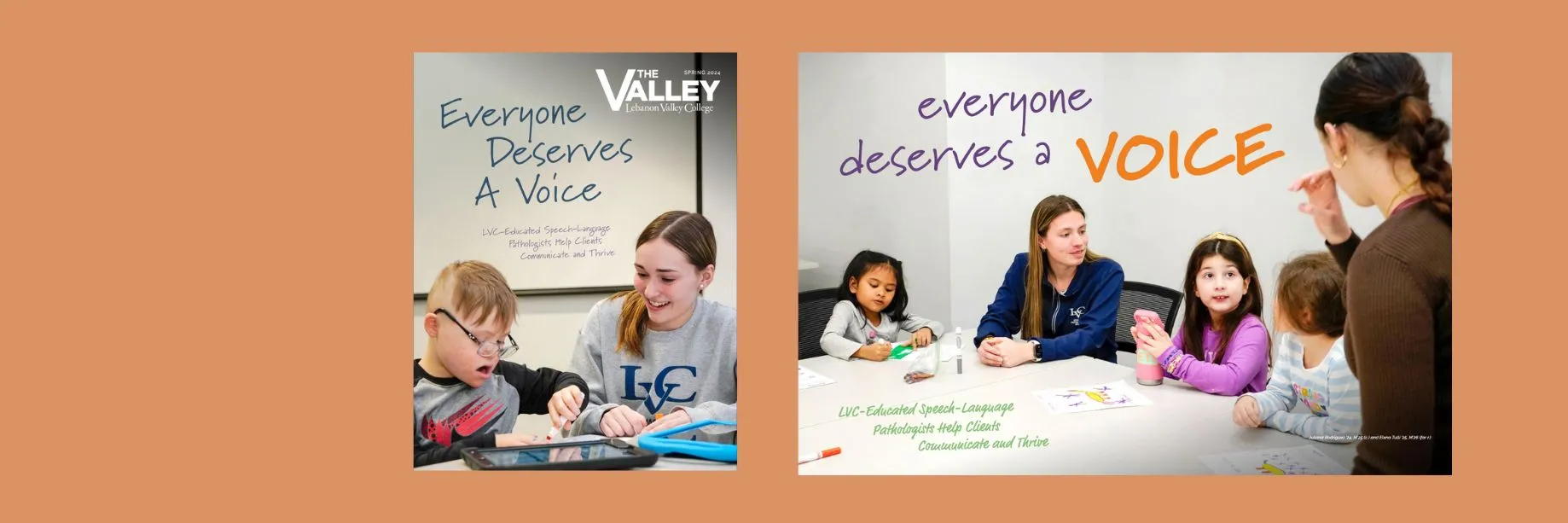 Spring 2024 Valley Magazine cover page and spread showcasing LVC speech-language pathology students working with patients