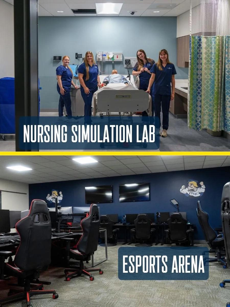 Collage with top photo showing students in LVC Nursing Simulation Lab and bottom photo showing computers and equipment in Esports Arena