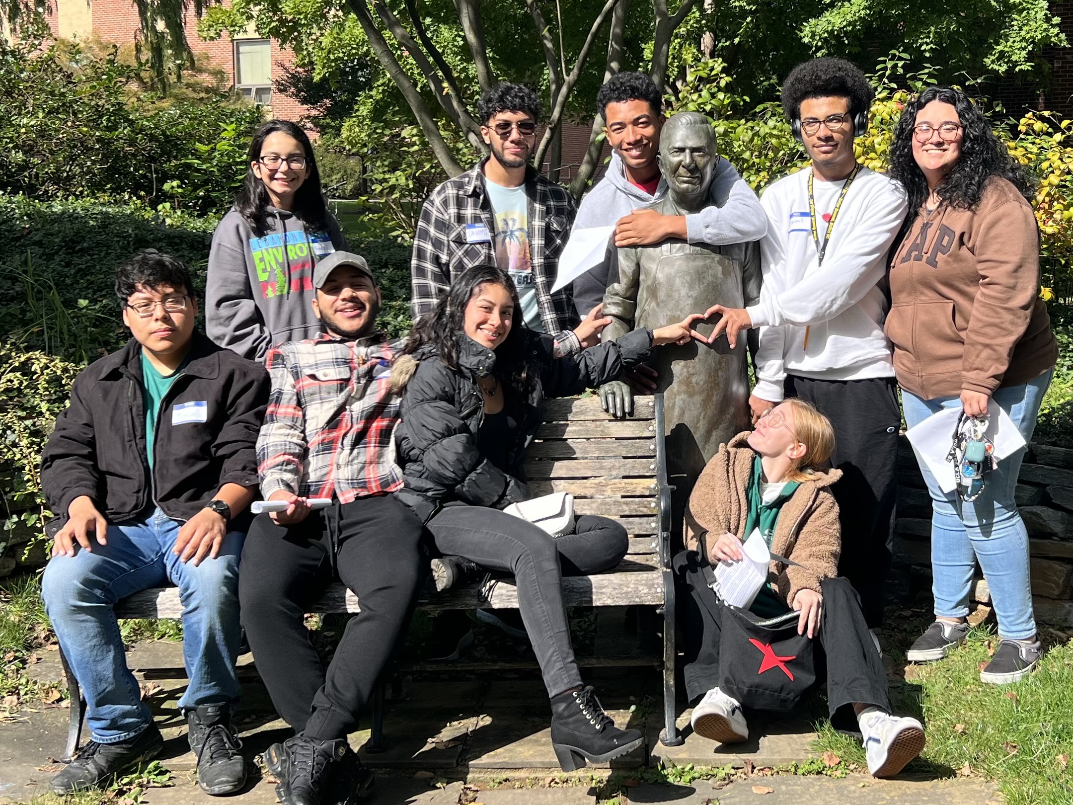 LVEP student group poses with Hot Dog Frank Statue in LVC Peace Garden