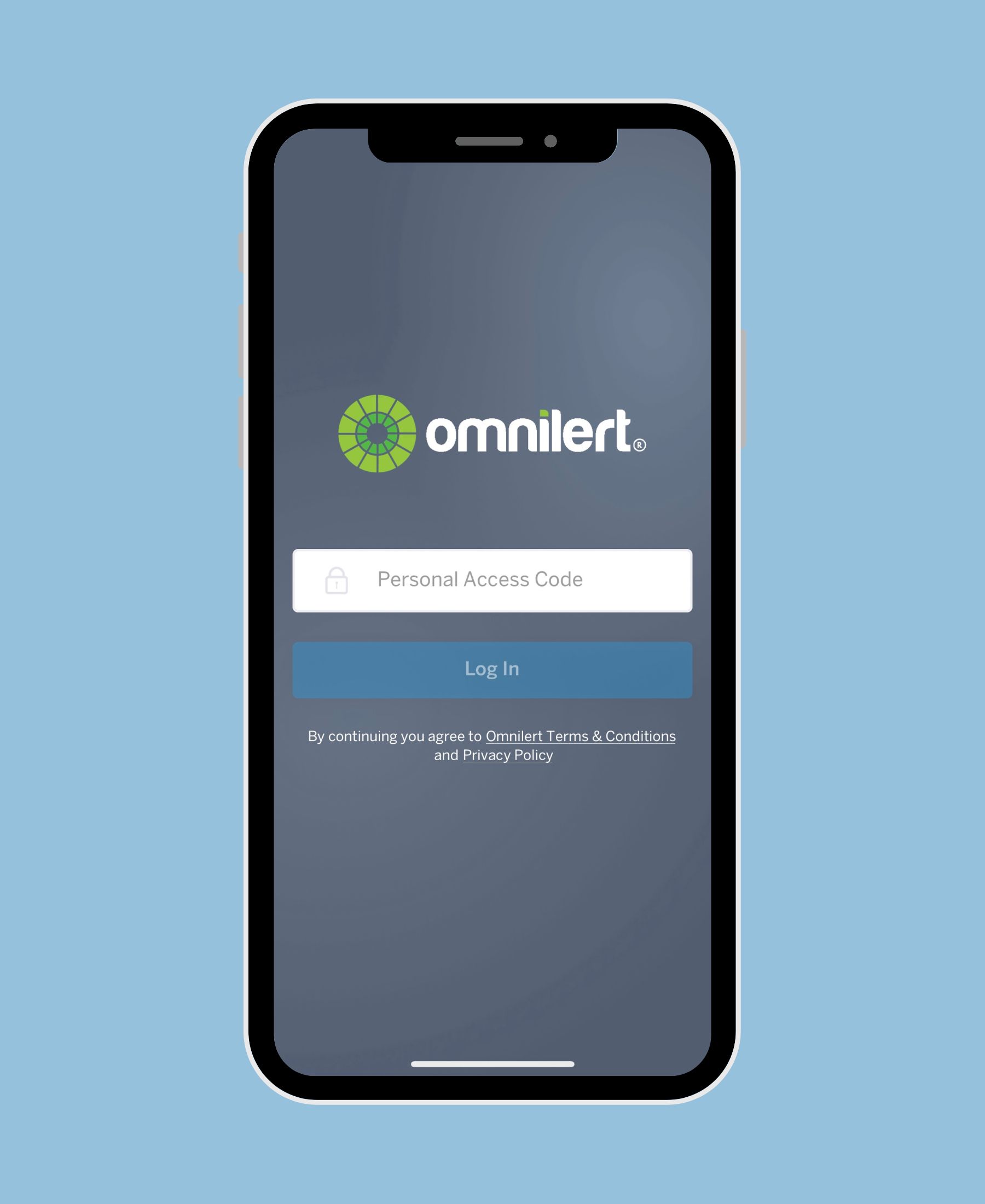 Phone screen showing Omnilert app sign in page