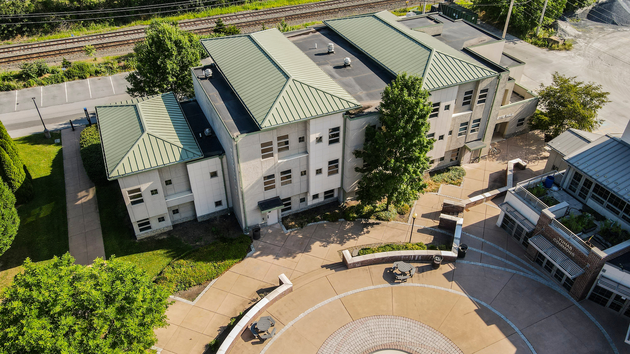 Aerial exterior view of Marquette residence hall at LVC