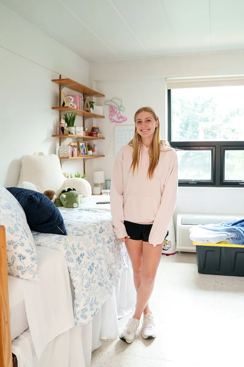 Student in dorm room on LVC move-in day 2025