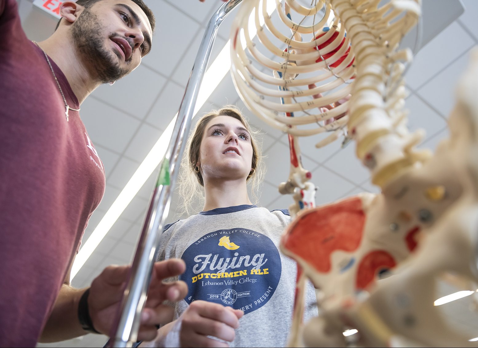Students look at skeleton model at Lebanon Valley College in PA