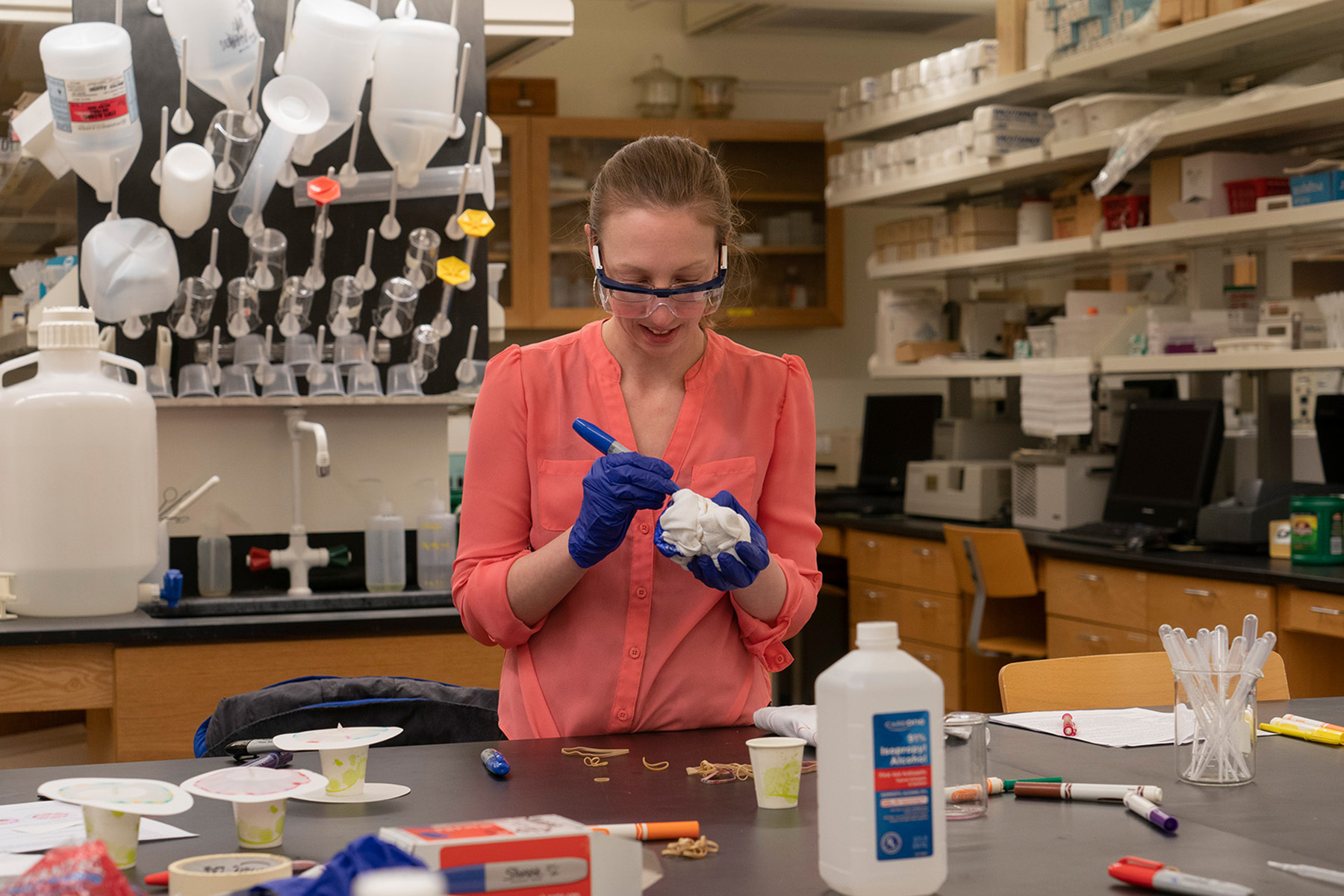 Student in chem lab wearing goggles for her undergraduate major