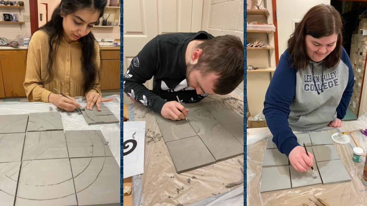 Students in the ceramics studio class at LVC design a diversity, equity, and inclusion-themed mosaic mural.