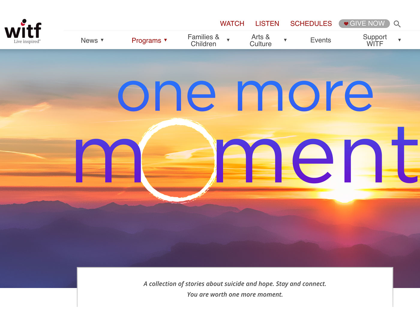 Screenshot of the webpage for One More Moment, a WITF project dedicated to honoring those touched by suicide.