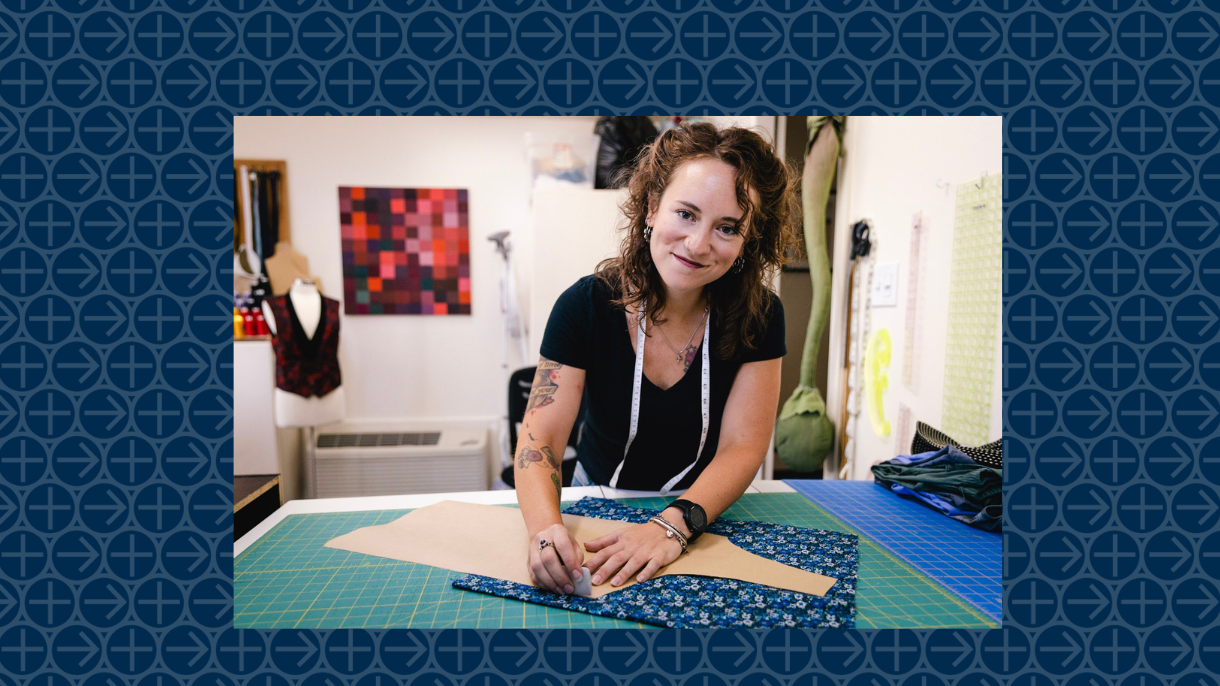 Laura Roberts works on a sewing project