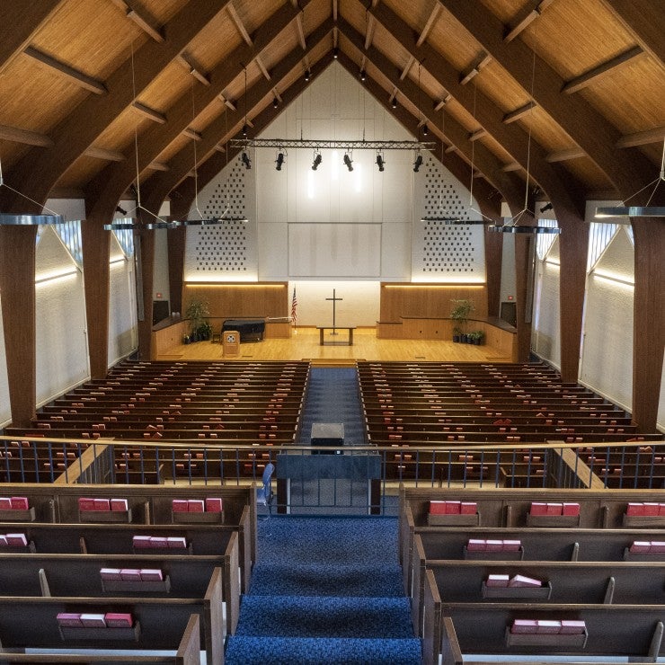 Rows of pews within the Miller Chapel