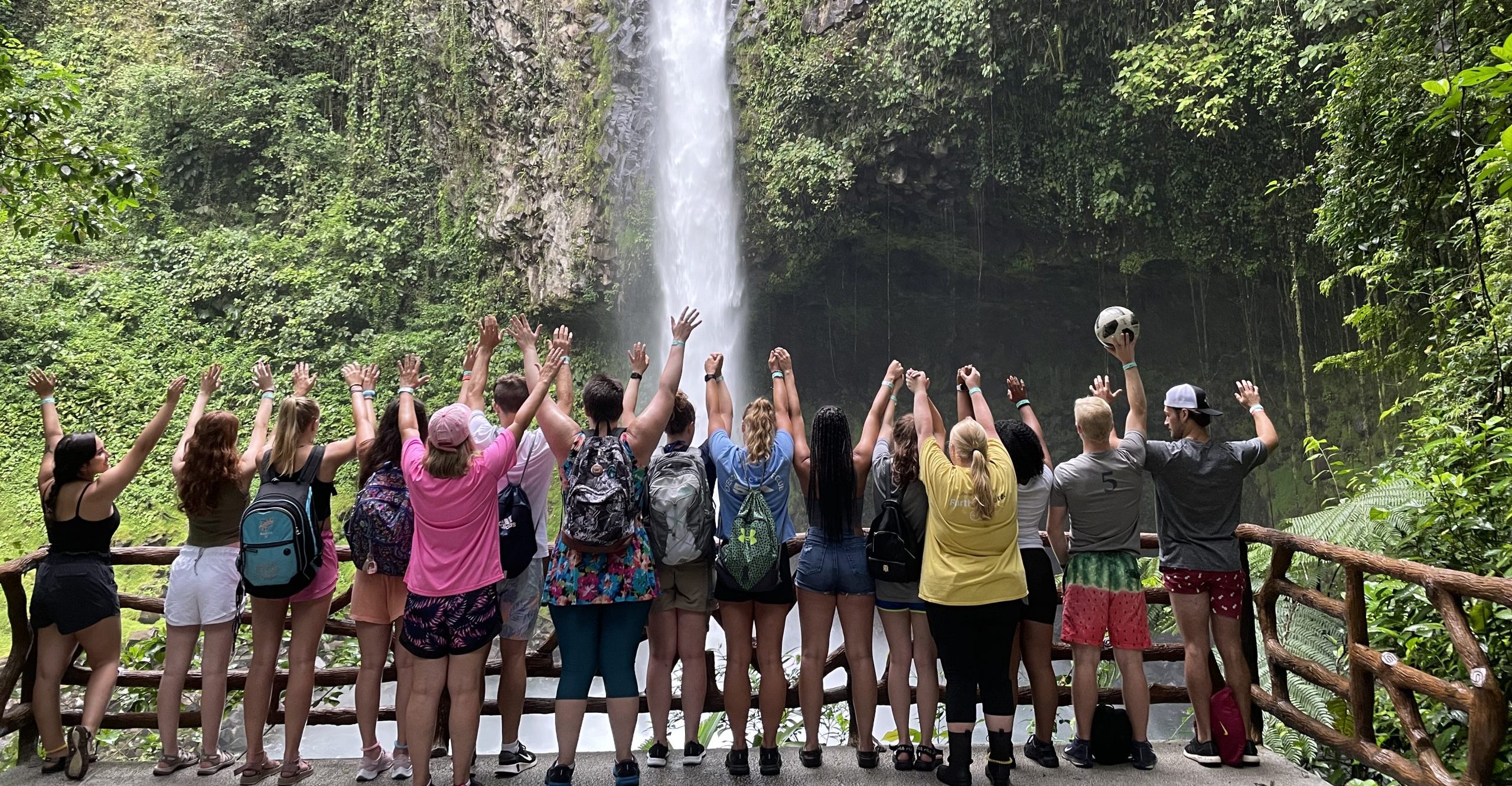 LVC student group at waterfall in Costa Rica