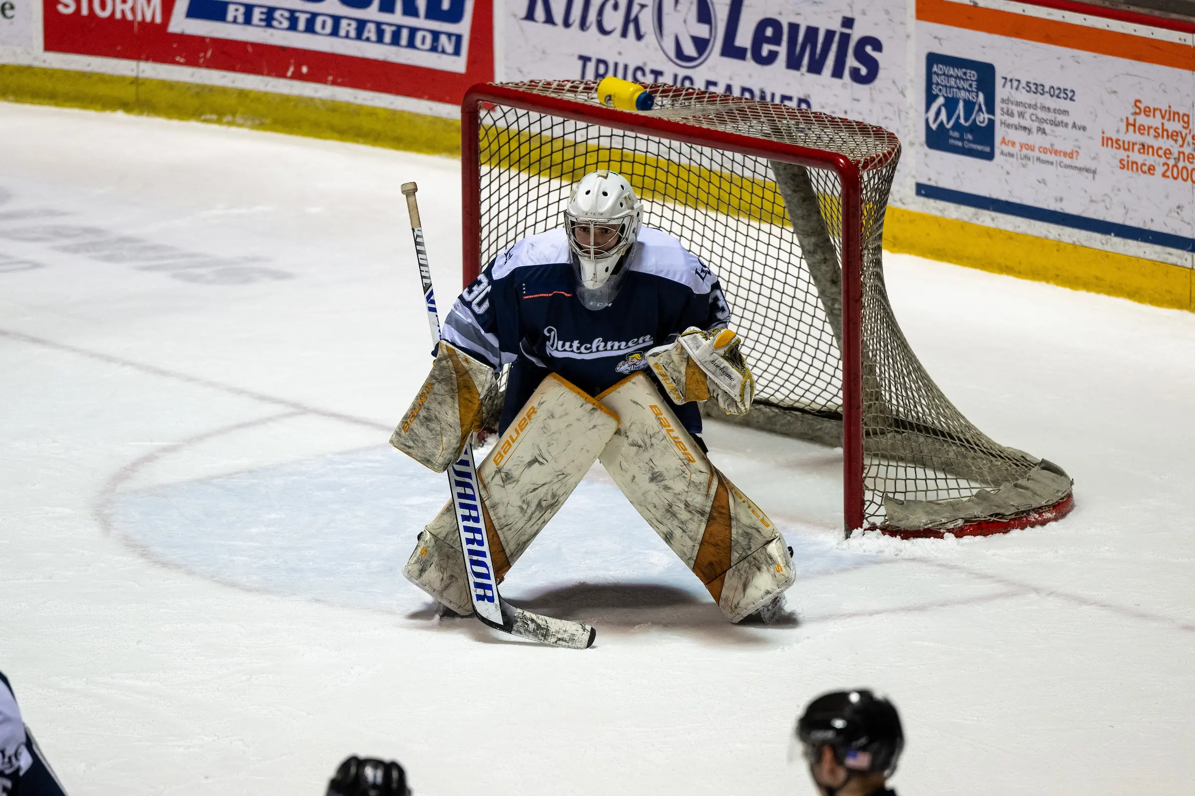 Ty Franchi in goal for LVC men's ice hockey