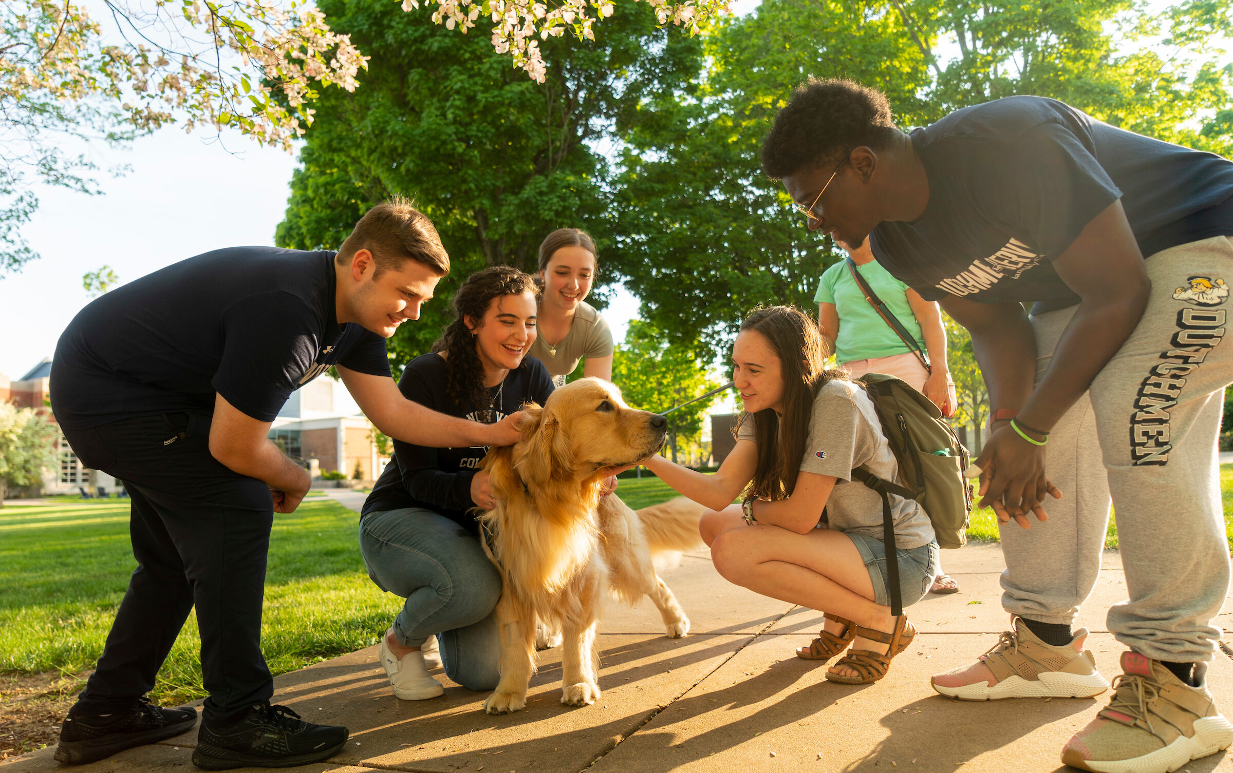 Students pet dog on campus sidewalk