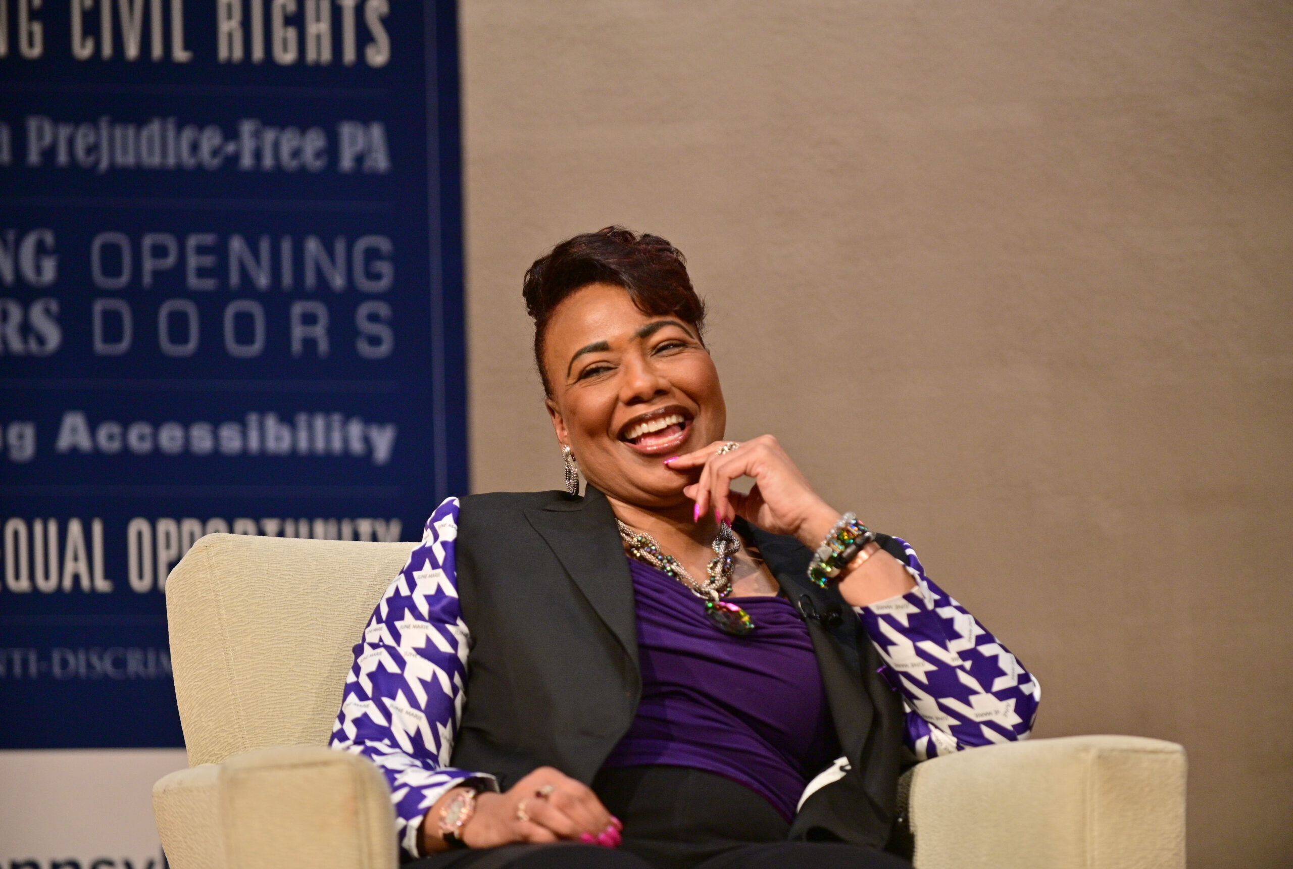 Rev. Dr. Bernice King speaks on stage during PHRC Social Justice Lecture Series at Lebanon Valley College on September 15, 2023. (Photo by Lisa Lake/Getty Images for Pennsylvania Human Relations Commission)