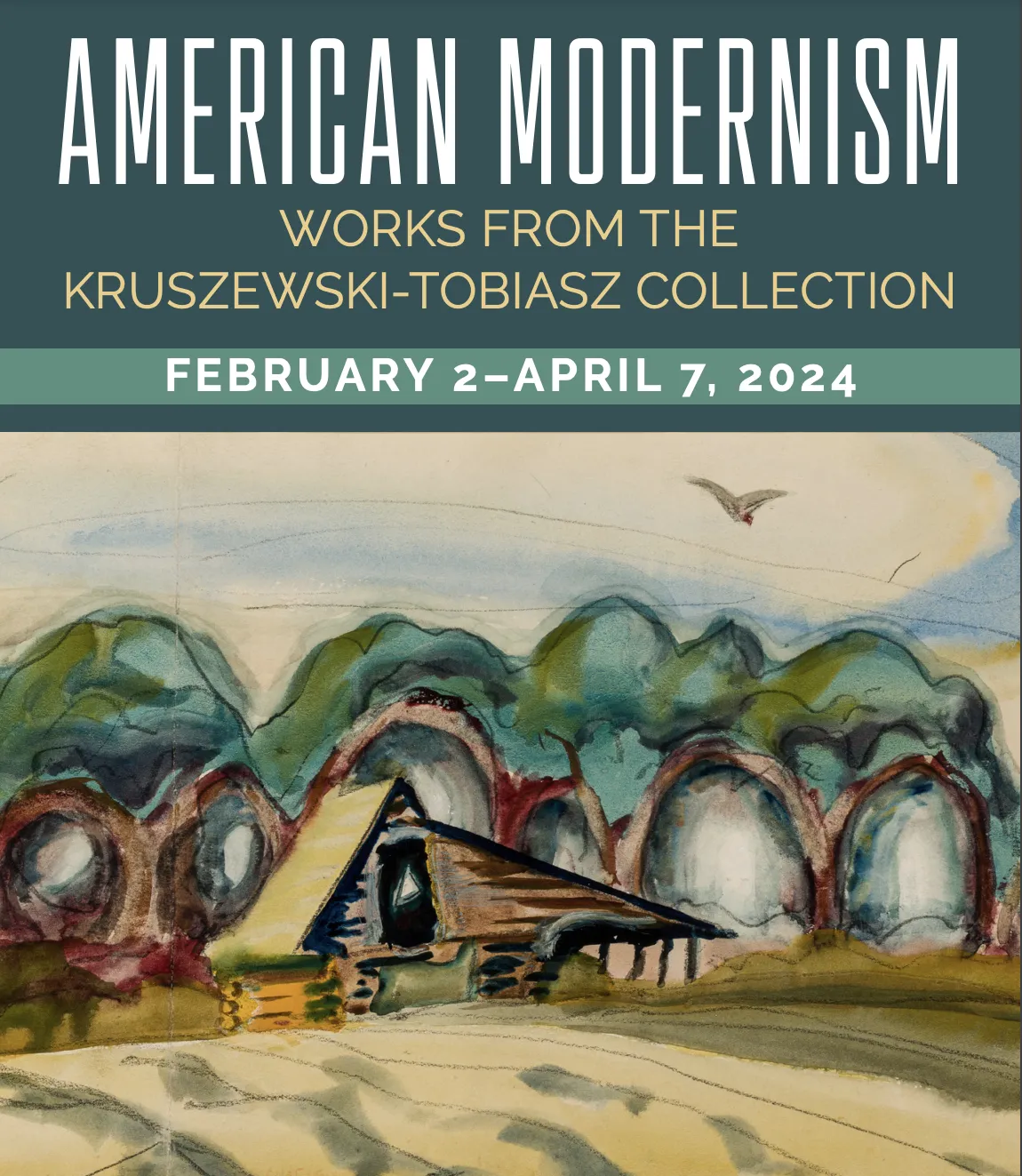 American Modernism Exhibit poster, featurinng Charles E. Burchfield, Buzzard and Cabin, 1918, watercolor