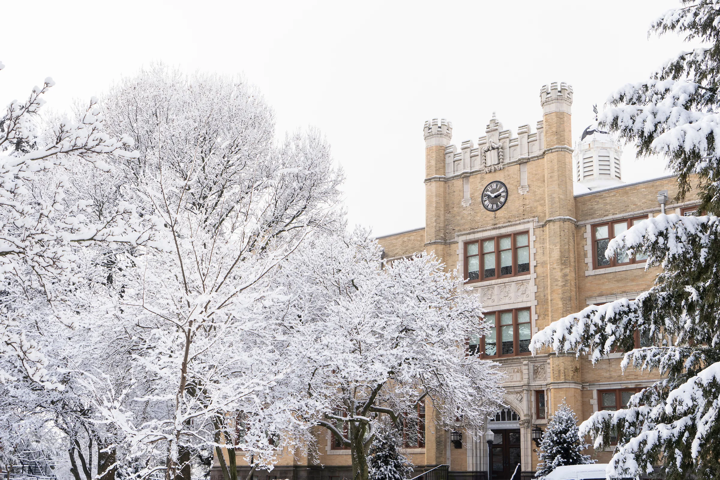 LVC Humanities Building with snow on trees in winter