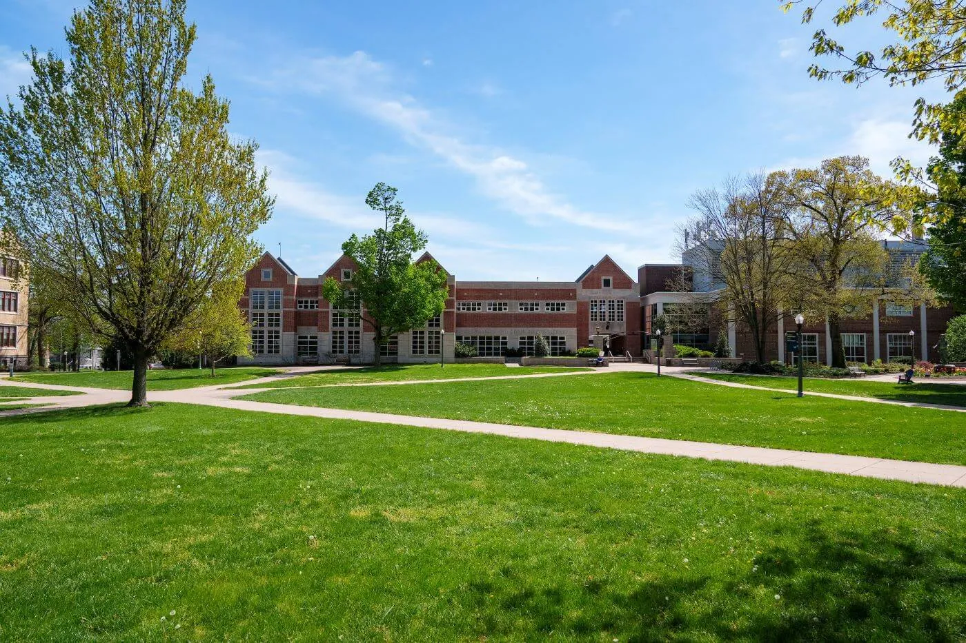 Exterior of Bishop Library and campus quad in spring