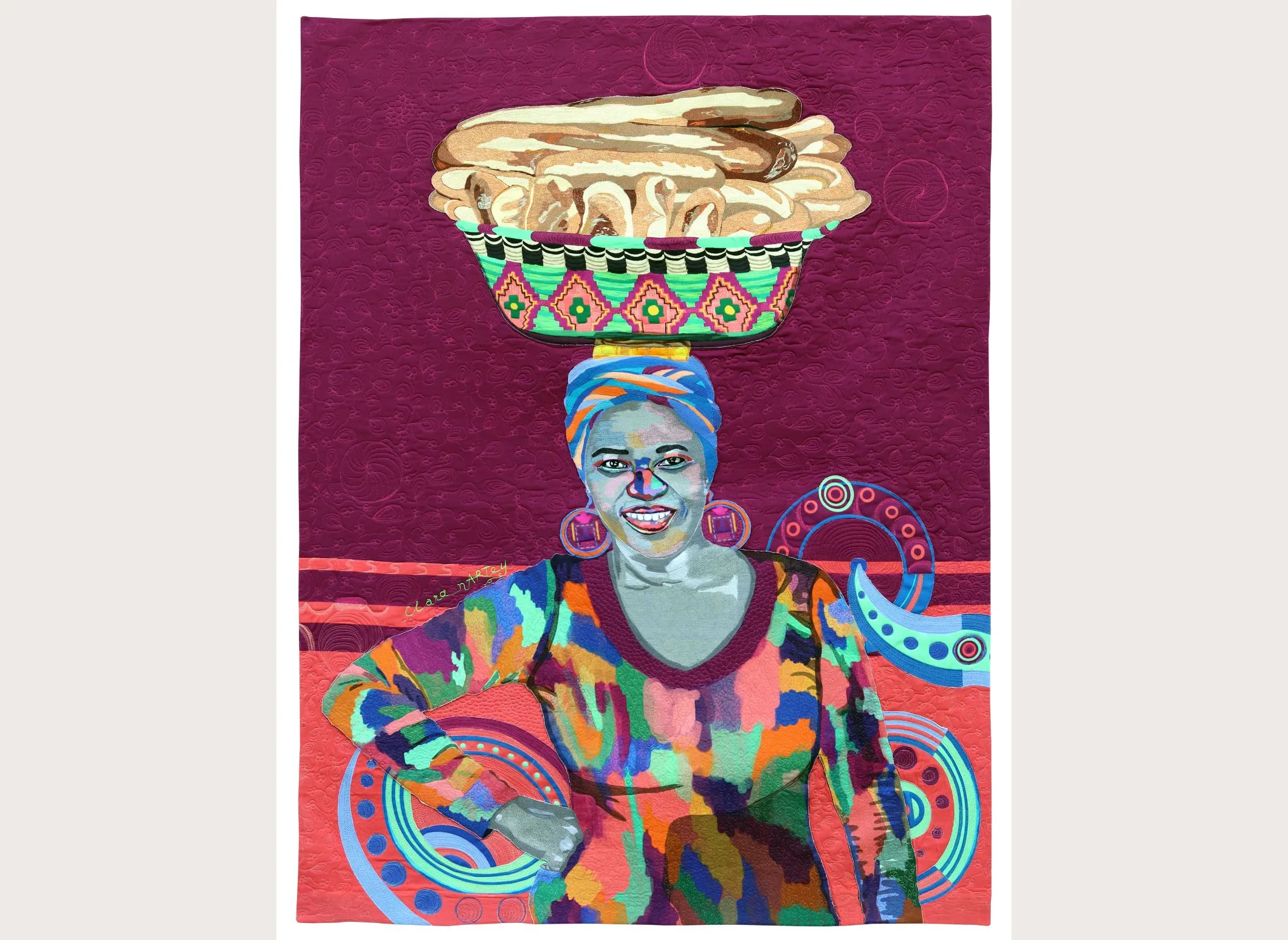 Clara Nartey, It’s a Balancing Act, 2022, ink, cotton, polyester, felt, fusible web, and digital art, quilted, 69 x 52 1/2 inches, courtesy of the artist