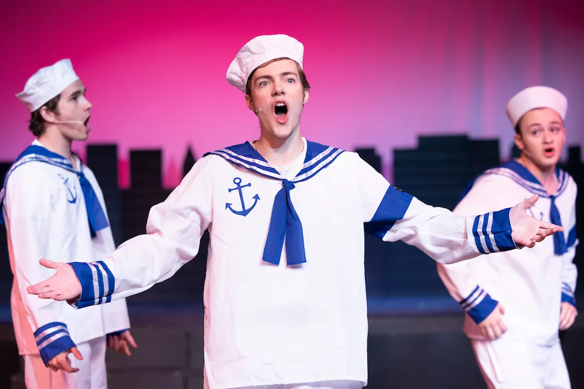 Students perform in On The Town, part of LVC's Musical Theatre program. Show in April 2023. Left to Right: Ethan Tucker, Andrew Santoro and Adam Witmer