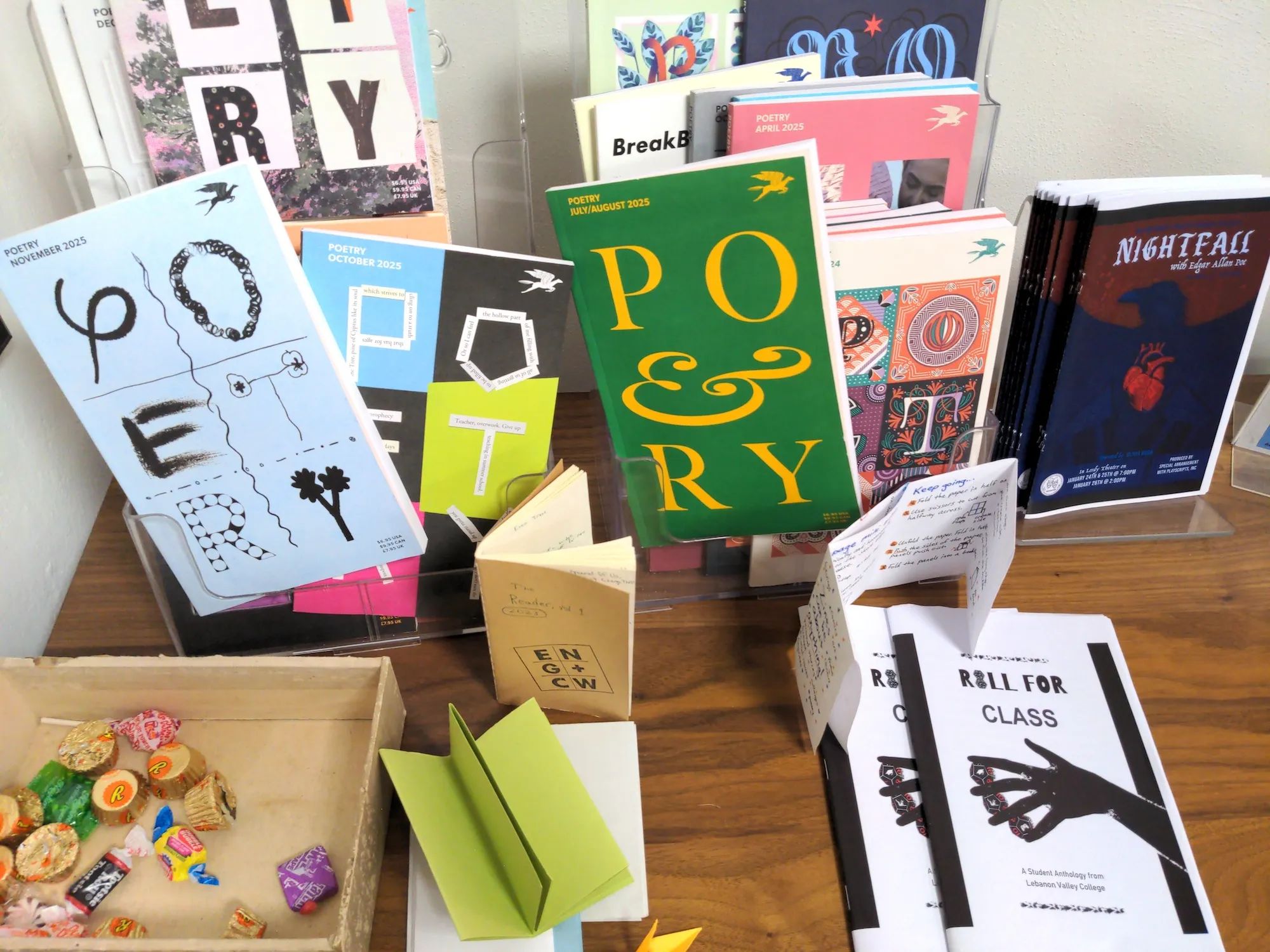 Printed pieces displayed on table in LVC Humanities Suite 207/8