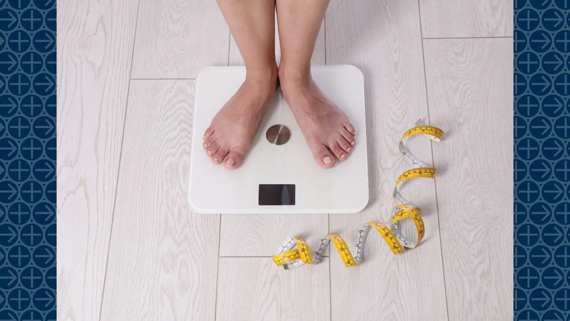 Person stands on scale with measuring tape on floor next to scale