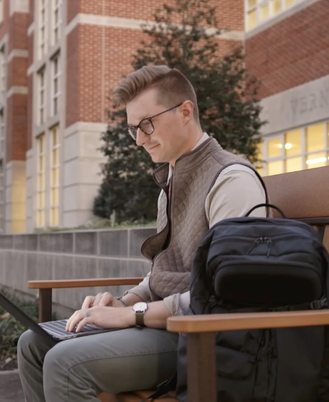 LVC Master of Education student Jacob Williams sits on LVC campus