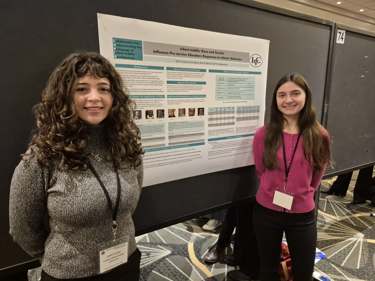 Lydia Crespo (left) and Erin Miller present research poster at EPA Psychology Conference in March 2026.