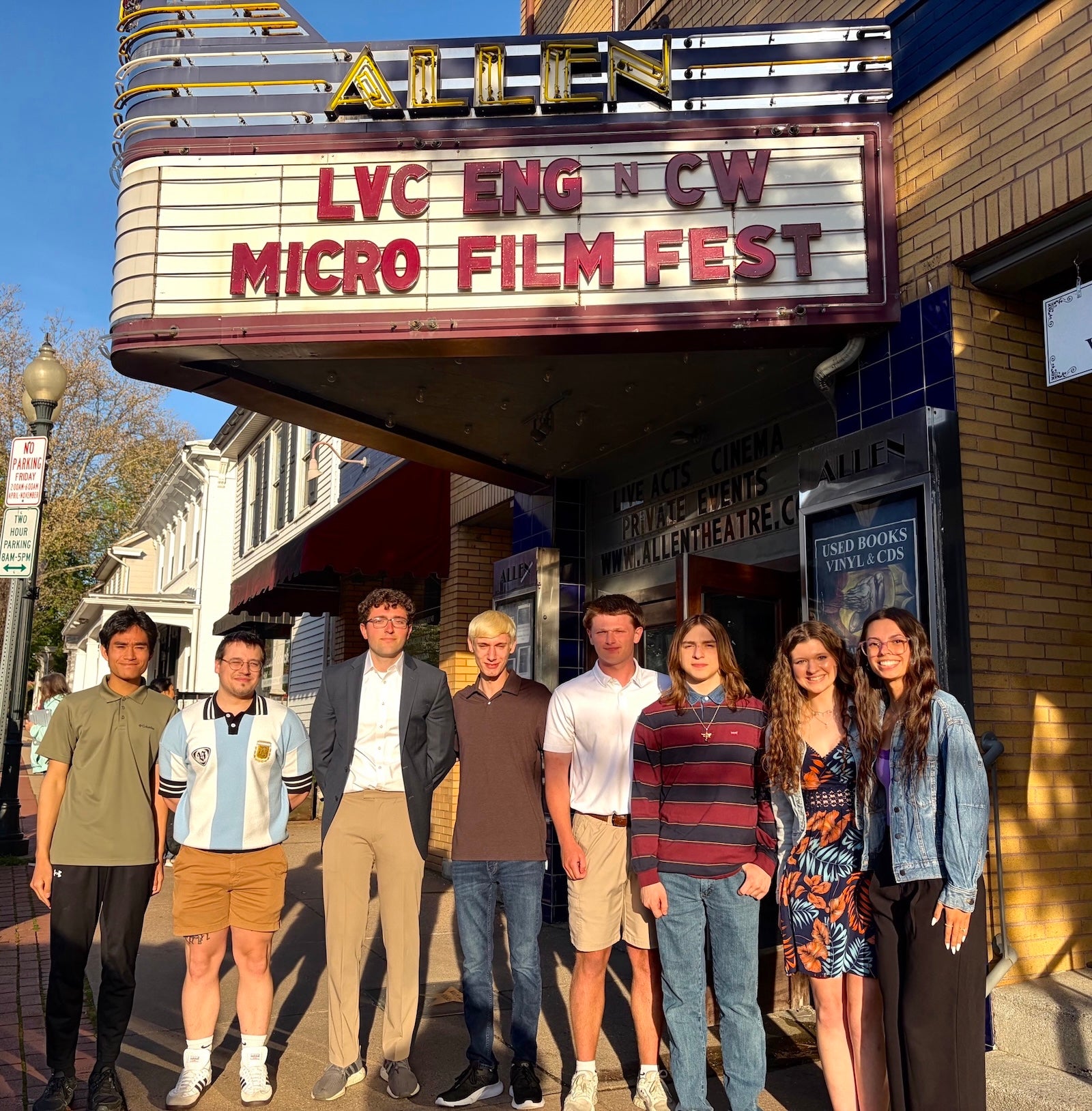 LVC Creative Writing and English & Communications students stand in front of Allen Theatre at micro film fest