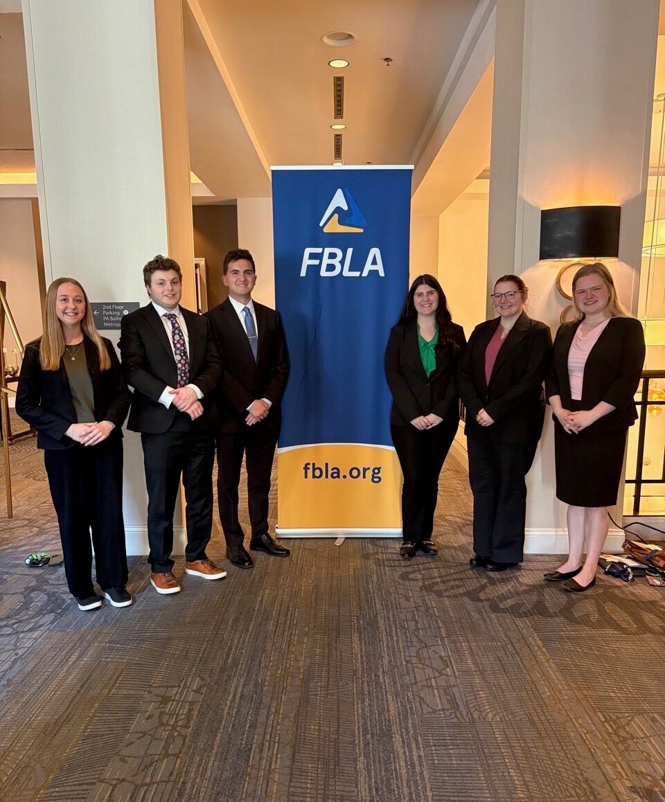 Students compete at the FBLA State Conference in March 2026. Business, accounting, academics L-R: Shelly Bliss, Ethan Schuler, Jeff LaRuffa, Sarah Shade, Lauren Atkins, Leigh Aten
