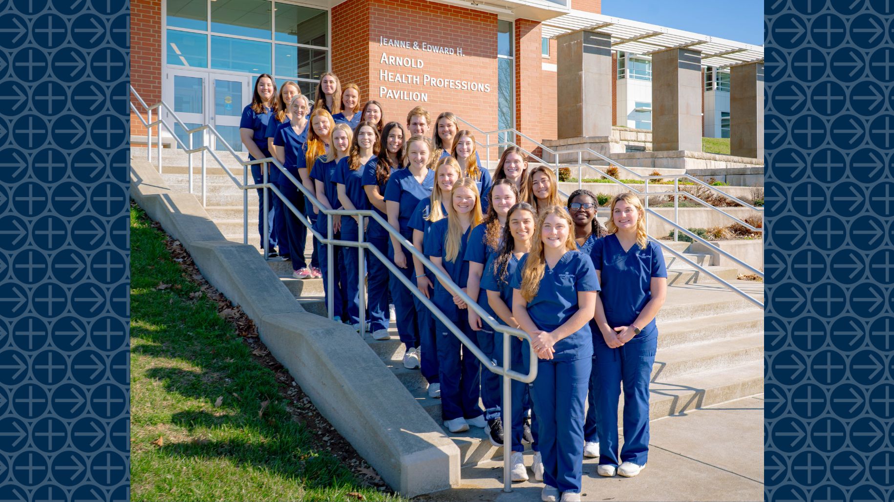 LVC Nursing Class of 2026 poses on Arnold Health Professions Pavilion front steps