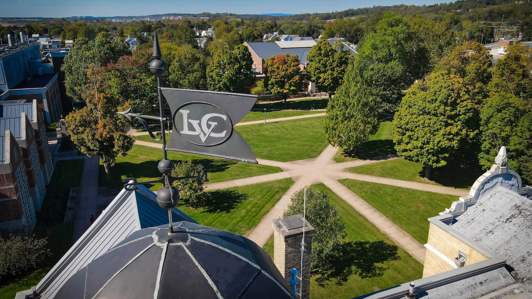 Aerial drone shot of LVC academic quad and top of Humanities building