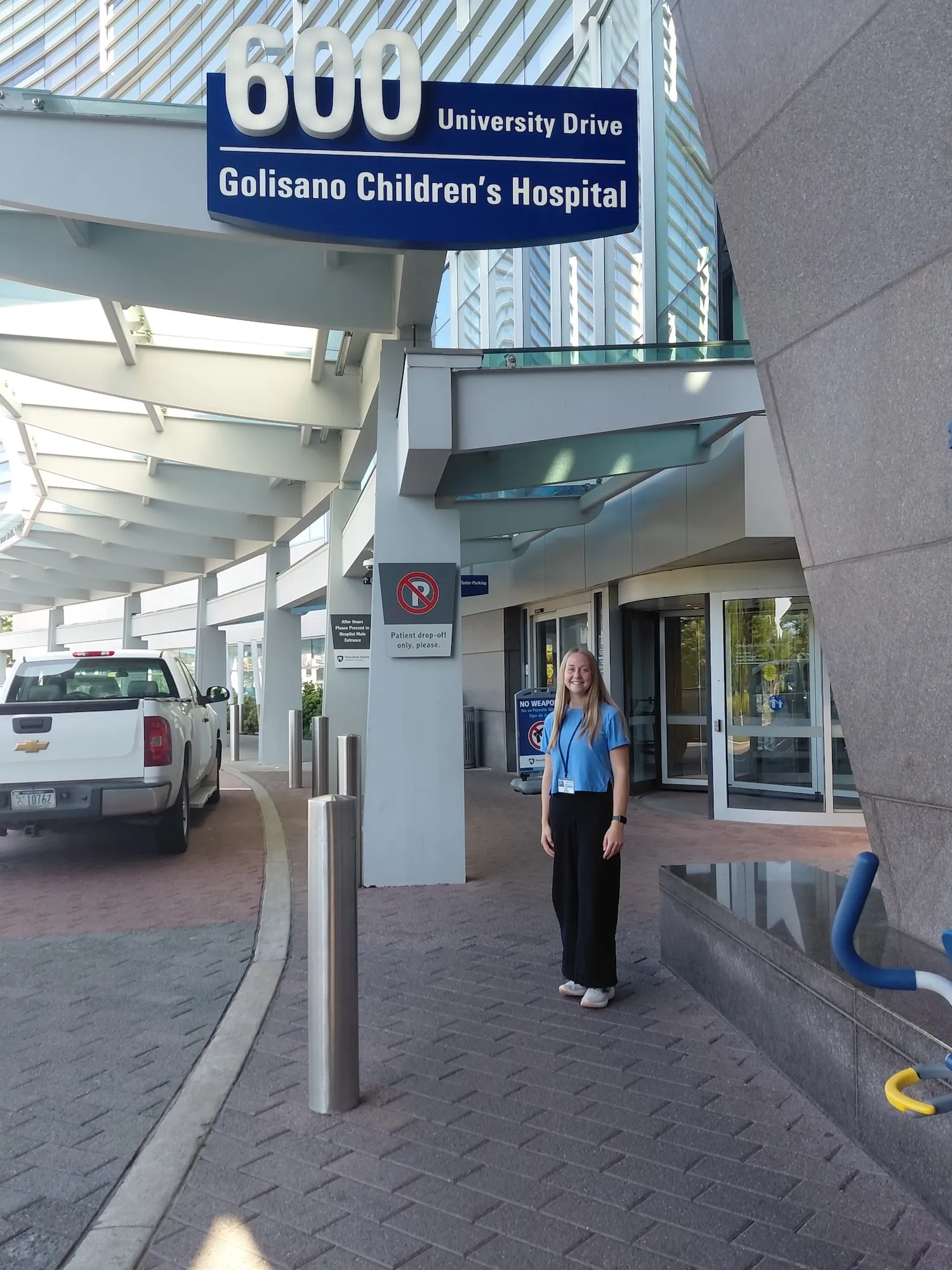 Shelly Bliss poses at her physical therapy internship site, Penn State Health Golisano Children's Hospital in Hershey