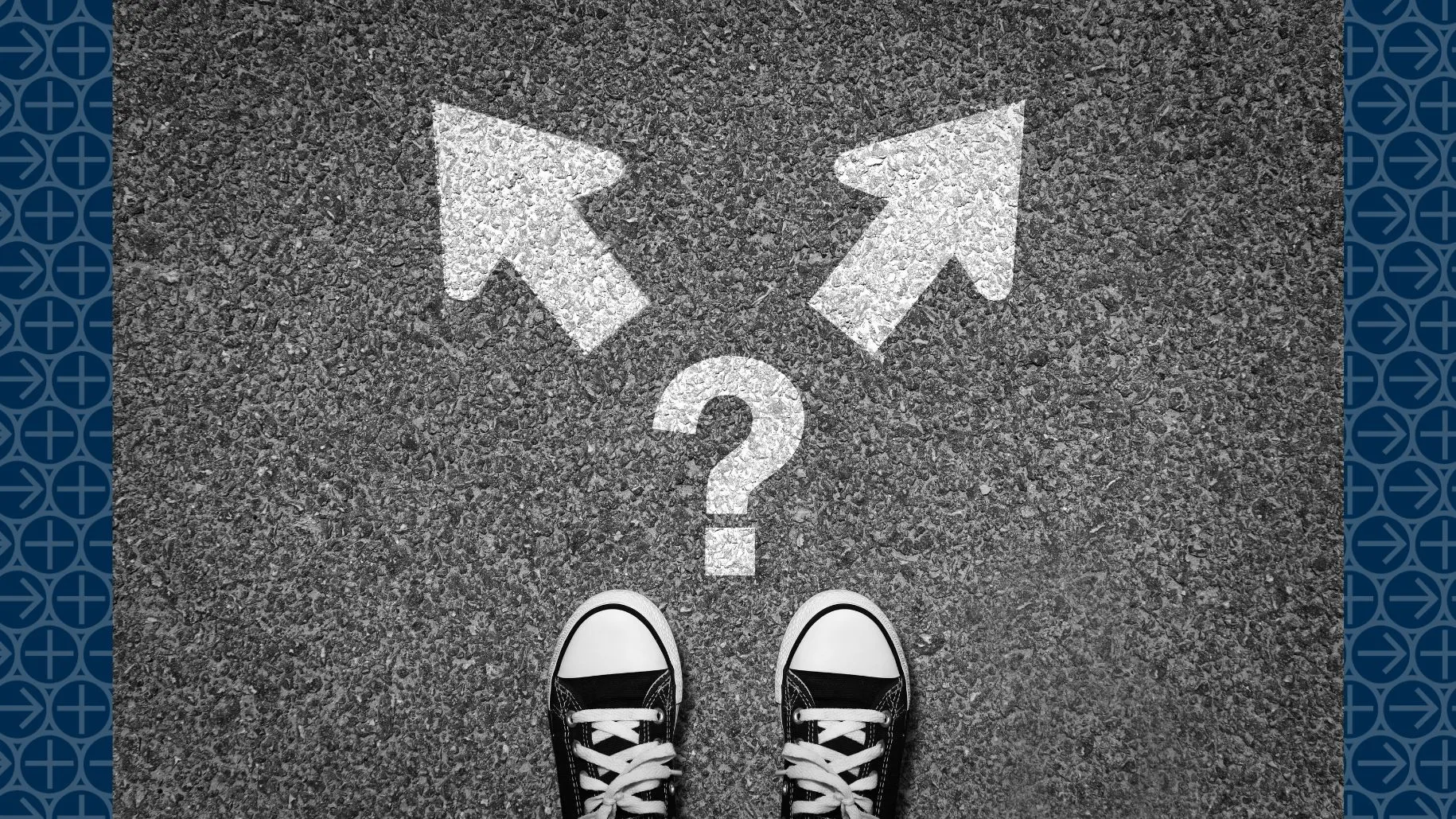 Shoes stand on asphalt with arrows pointing different directions and a question mark in between